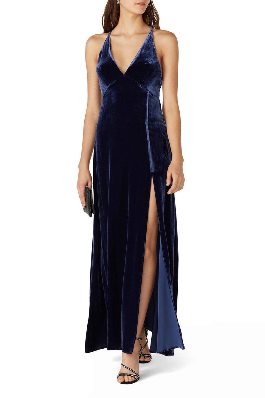 Neon Blonde Vapour Blue Velvet Sleeveless V-Neck Cocktail Maxi Gown Size Large
